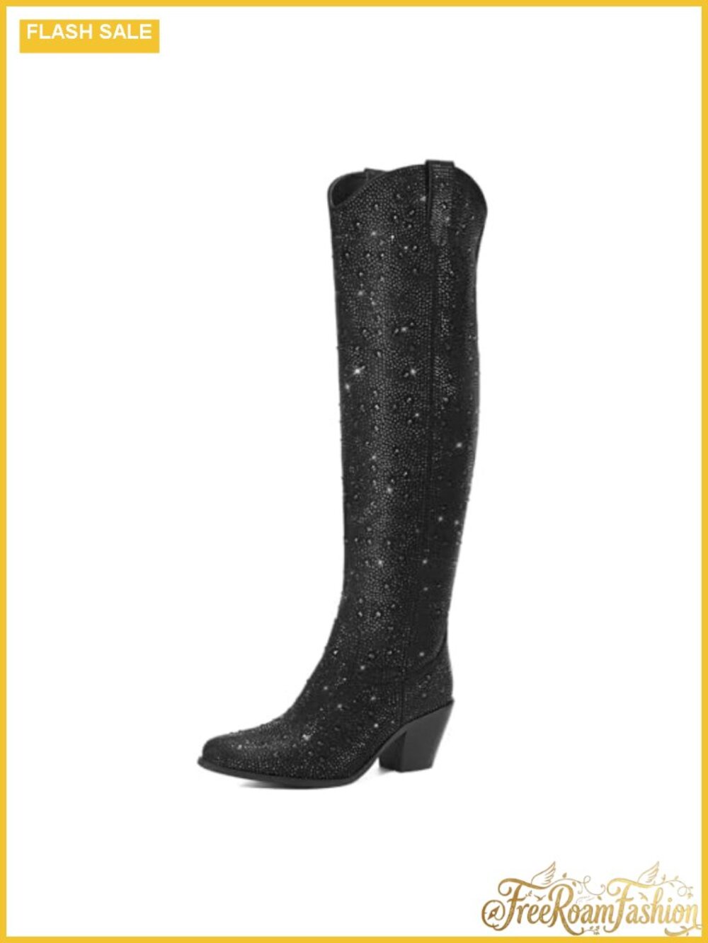 Rhinestone Over The Knee Cowgirl Boots Pointed Toe Block Heel Western